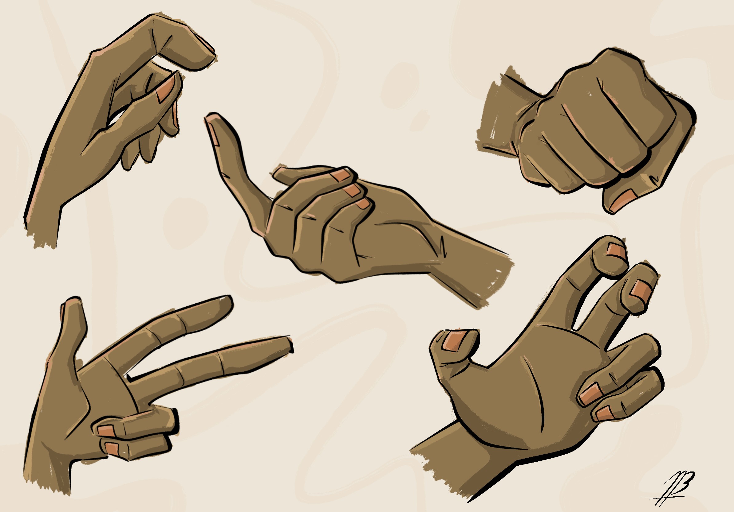 Final coloured illustration of five hand gestures