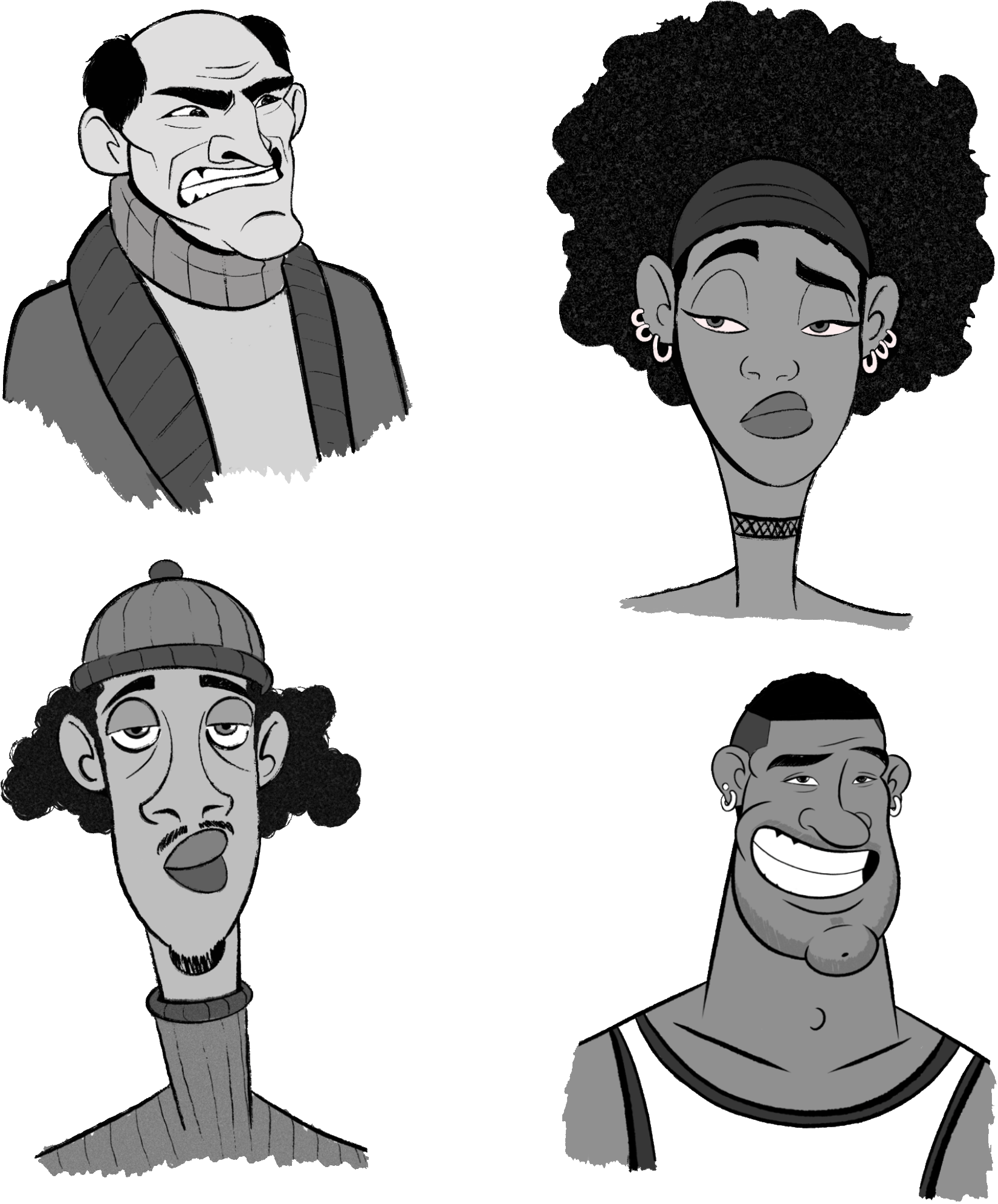Four character busts: an older man in a turtleneck, a woman with an afro, a man in a beanie and a smiling man in a tank top